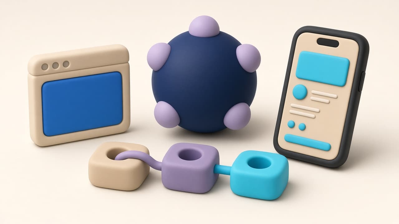 Clay still life of a browser, an intelligent core, a smartphone, and connected workflow blocks